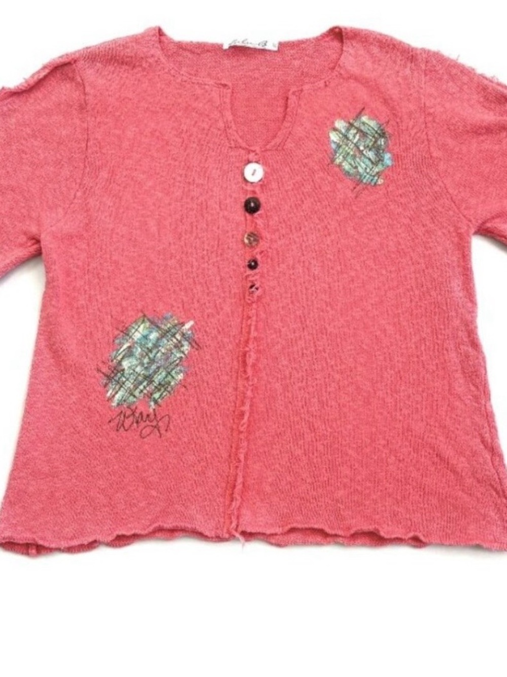 Lulu-B Women’s XL Coral Pink Knit Button Front Artsy Abstract Textured Top